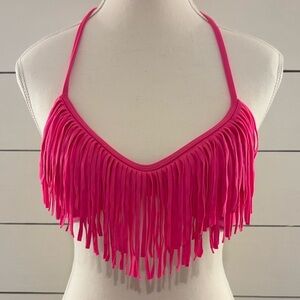 Pink Fringe Halter Bikini Top